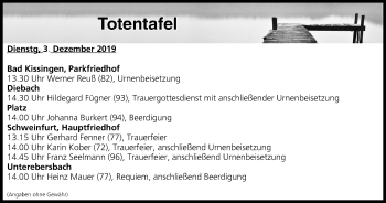 Anzeige von Totentafel vom 03.12.2019 von MGO