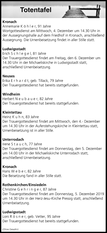 Anzeige von Totentafel vom 04.12.2019 von MGO