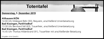 Anzeige von Totentafel vom 05.12.2019 von MGO