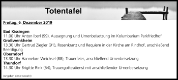 Anzeige von Totentafel vom 06.12.2019 von MGO