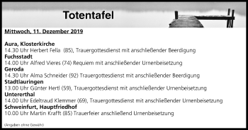 Anzeige von Totentafel vom 11.12.2019 von MGO