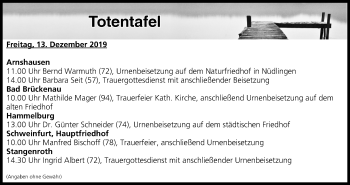 Anzeige von Totentafel vom 13.12.2019 von MGO