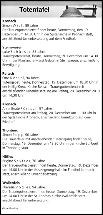 Anzeige von Totentafel vom 19.12.2019 von MGO