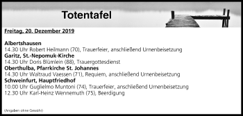 Anzeige von Totentafel vom 20.12.2019 von MGO