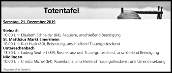 Anzeige von Totentafel vom 21.12.2019 von MGO