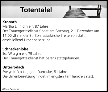 Anzeige von Totentafel vom 21.12.2019 von MGO