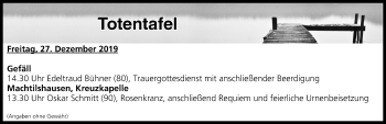 Anzeige von Totentafel vom 27.12.2019 von MGO
