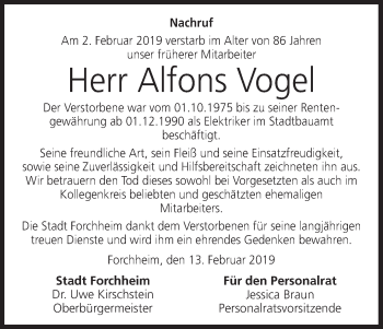 Anzeige von Alfons Vogel von MGO