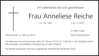 Anzeige von Anneliese Reiche von MGO