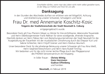 Anzeige von Annemarie Koschitz-Kosic von MGO
