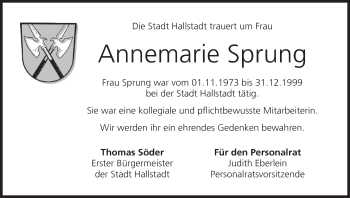 Anzeige von Annemarie Sprung von MGO