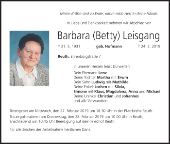 Anzeige von Barbara Betty Leisgang von MGO