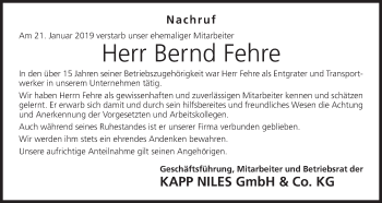 Anzeige von Bernd Fehre von MGO