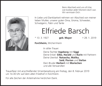Anzeige von Elfriede Barsch von MGO