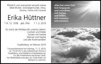 Anzeige von Erika Hüttner von MGO