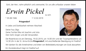 Anzeige von Erwin Pickel von MGO