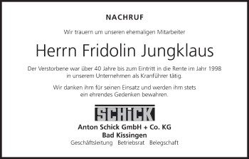 Anzeige von Fridolin Jungklaus von MGO