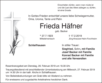 Anzeige von Frieda Häfner von MGO