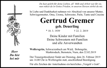 Anzeige von Gertrud Gremer von MGO
