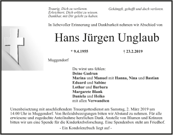 Anzeige von Hans Jürgen Unglaub von MGO