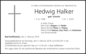 Anzeige von Hedwig Halker von MGO
