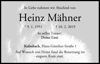 Anzeige von Heinz Mähner von MGO