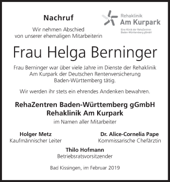 Anzeige von Helga Berninger von MGO