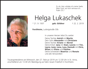 Anzeige von Helga Lukaschek von MGO