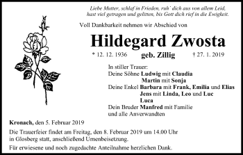 Anzeige von Hildegard Zwosta von MGO