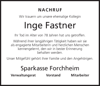 Anzeige von Inge Fastner von MGO