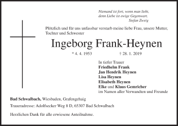 Anzeige von Ingeborg Frank-Heynen von MGO