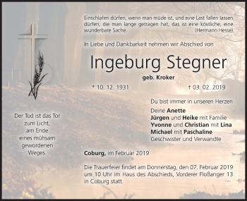 Anzeige von Ingeburg Stegner von MGO
