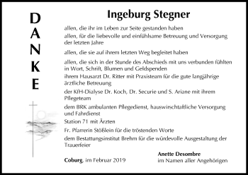 Anzeige von Ingeburg Stegner von MGO