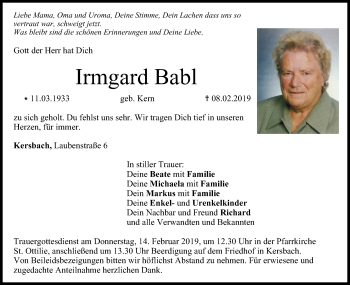 Anzeige von Irmgard Babl von MGO
