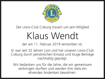 Anzeige von Klaus Wendt von MGO