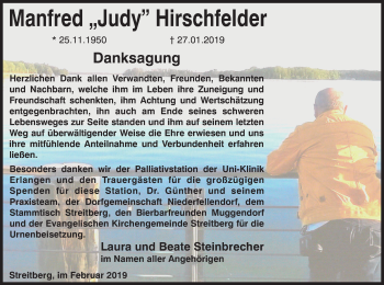 Anzeige von Manfred Judy Hirschfelder von MGO