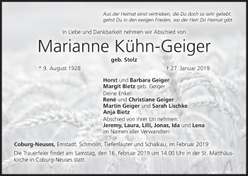 Anzeige von Marianne Kühn-Geiger von MGO