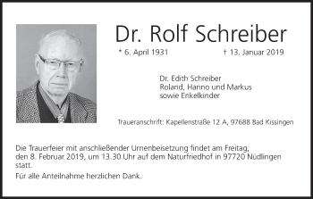 Anzeige von Rolf Schreiber von MGO