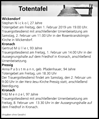 Anzeige von Totentafel vom 01.02.2019 von MGO