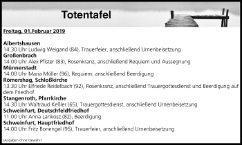 Anzeige von Totentafel vom 01.02.2019 von MGO
