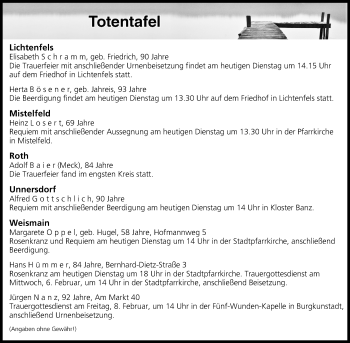 Anzeige von Totentafel vom 05.02.2019 von MGO