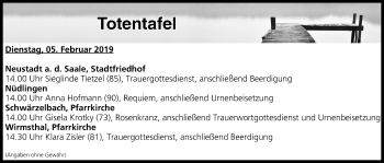 Anzeige von Totentafel vom 05.02.2019 von MGO