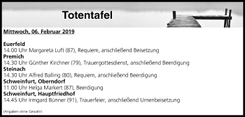 Anzeige von Totentafel vom 06.02.2019 von MGO