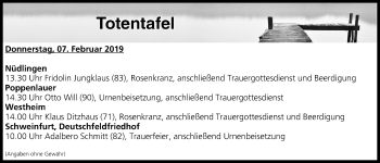 Anzeige von Totentafel vom 07.02.2019 von MGO