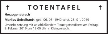 Anzeige von Totentafel vom 07.02.2019 von MGO