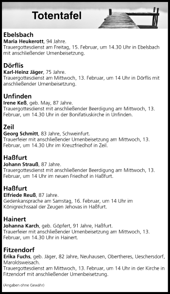 Anzeige von Totentafel vom 12.02.2019 von MGO