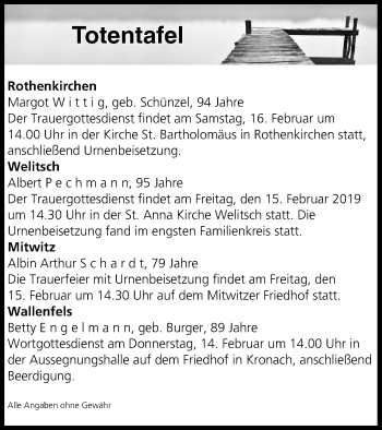 Anzeige von Totentafel vom 13.02.2019 von MGO