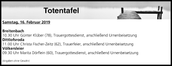 Anzeige von Totentafel vom 16.02.2019 von MGO