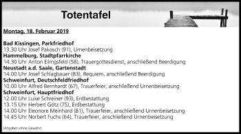 Anzeige von Totentafel vom 18.02.2019 von MGO