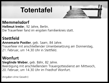 Anzeige von Totentafel vom 20.02.2019 von MGO